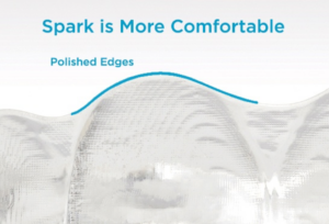 A close up of a Spark Aligner is shown with a smooth blue line to demonstrate smooth ridges. Blue text above reads "Spark is More Comfortable"