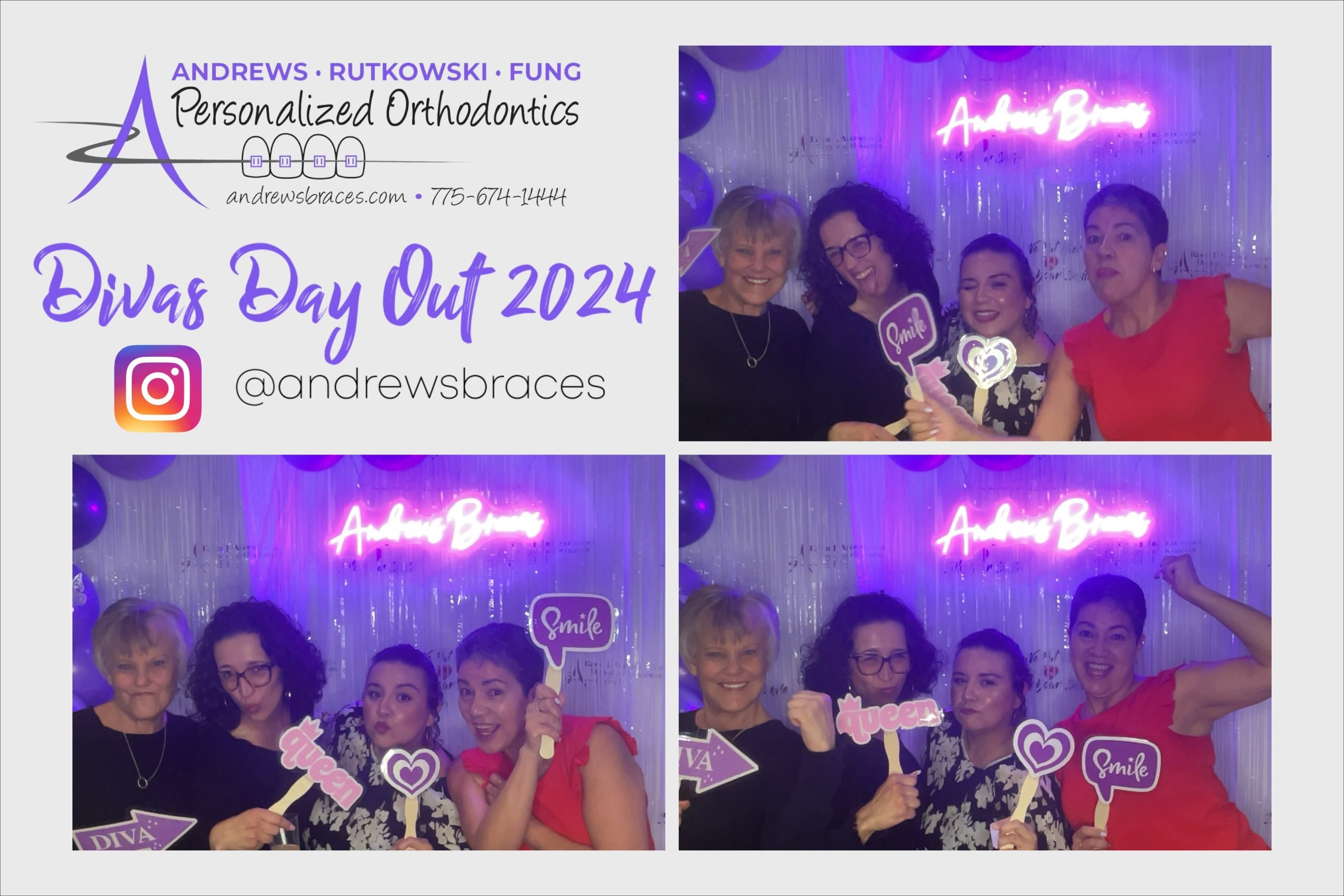 A Divas' Day Photo booth capture is pictured. There are 3 photos of women posing and a grpahic that says "Divas' Day Out 2024 @andrewsbraces) with the Andrews Braces logo above