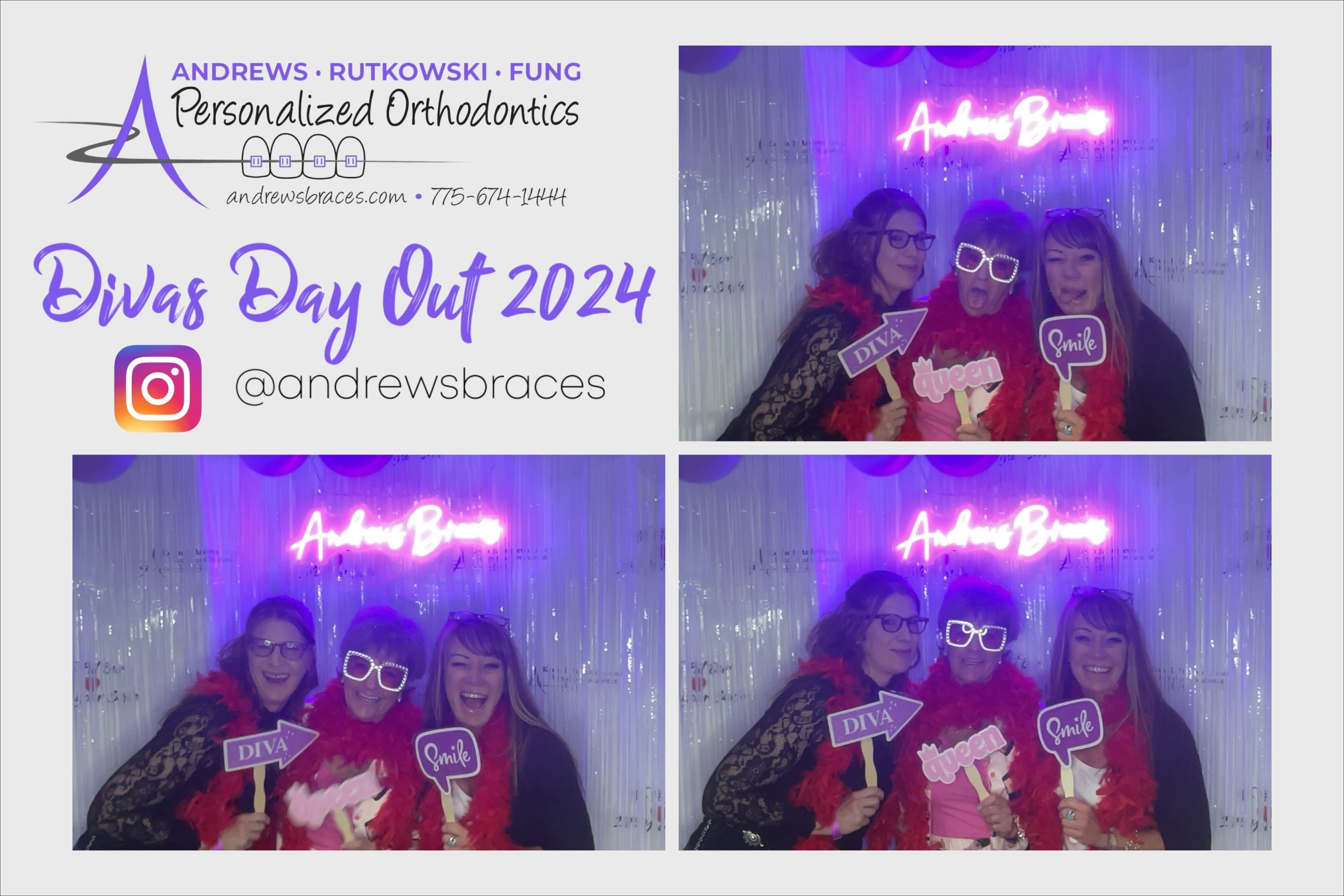 A Divas' Day Photo booth capture is pictured. There are 3 photos of women posing and a grpahic that says "Divas' Day Out 2024 @andrewsbraces) with the Andrews Braces logo above