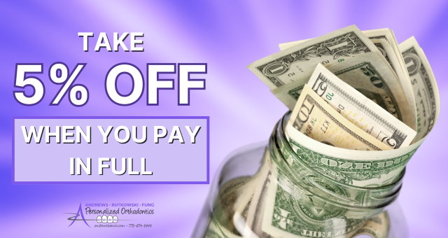 Take 5% off when you pay in full next to a photo of cash