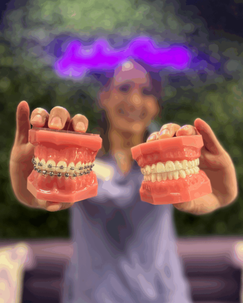 A woman is holding 2 typodonts in the air, one with Damon braces, the other with Spark Clear Aligners